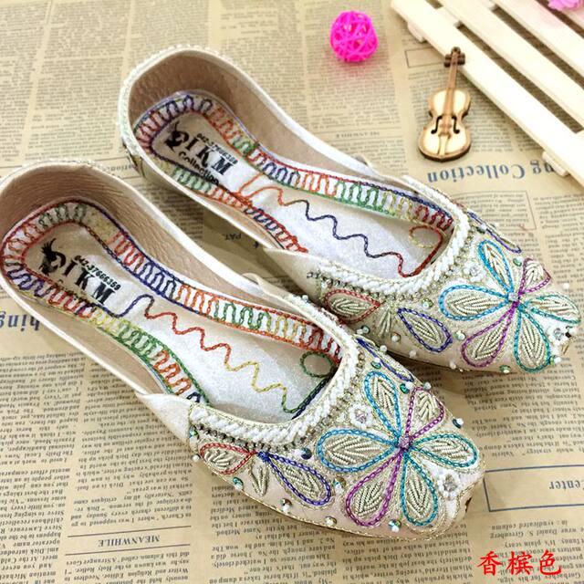 New beaded flat bottom shallow mouth Pakistani handmade cowhide women's shoes Nepalese style single shoes embroidered shoes