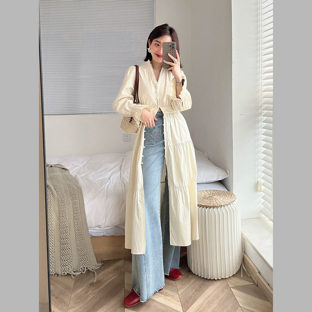 French style shirt dress V-neck accordion pleat single-breasted buttoned long dress small white dress