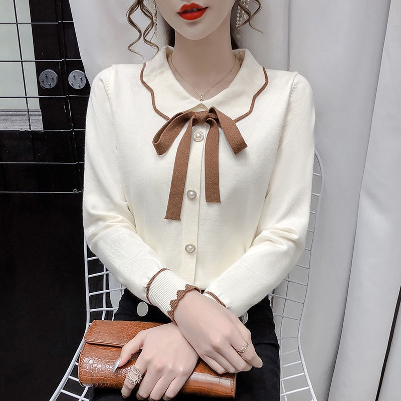 Doll collar lazy fragrant knitted shirt wear new spring and autumn butterfly knife loose head coat