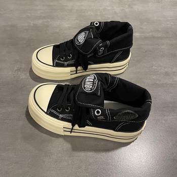 Qiqi Master's House Black High-Top Canvas Shoes for Women 2024 Autumn New Popular Women's Shoes High Street Sneakers ins Trendy