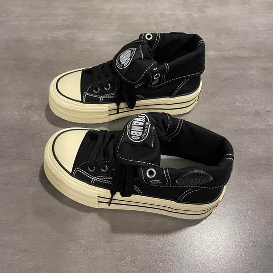 七七主人家 黑色高帮帆布鞋女2024秋季新款爆款女鞋高街板鞋ins潮