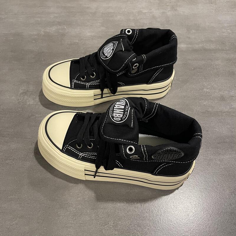 Qiqi Master's House Black High-Top Canvas Shoes for Women 2024 Autumn New Popular Women's Shoes High Street Sneakers ins Trendy