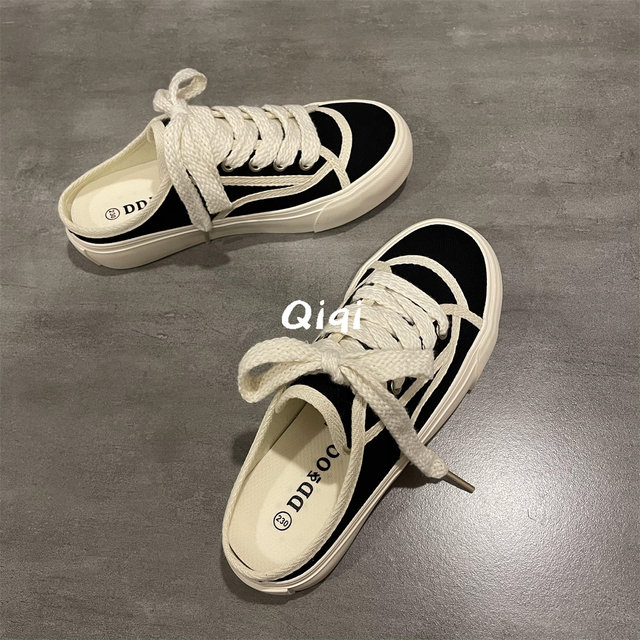 Qiqi Master Half Slippers Women's Shoes 2023 Summer Thin Shoes Women's Slip-On Canvas Shoes Women's Versatile Sneakers Women's