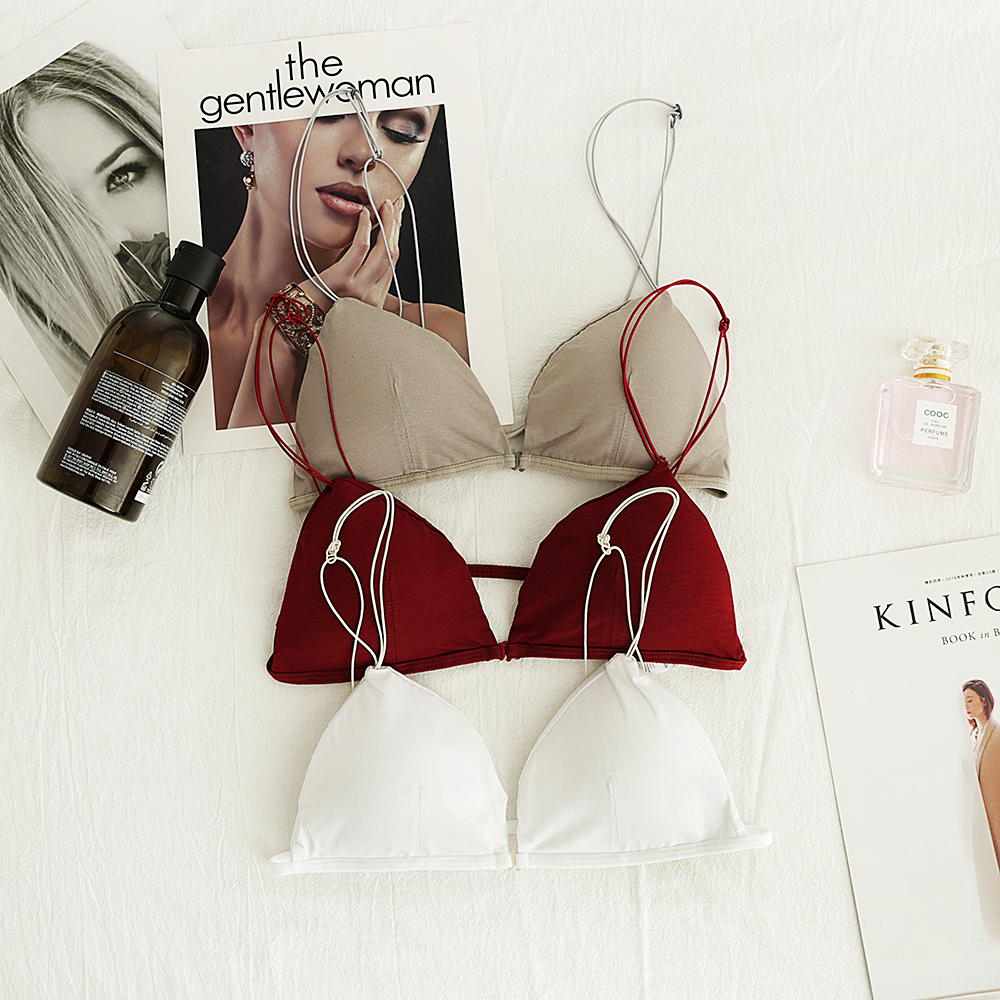 Sexy ultra-thin shoulder straps without steel ring triangle cup bralette girl black small breast beauty back front buckle bra underwear