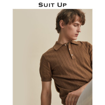 SUITUP striped knit polo shirt mens short sleeve high end slim business casual lapel T-shirt summer trend thin