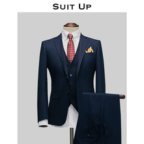 Blue striped suit suit suit mens groom wedding dress slim British business formal suit suit three-piece set