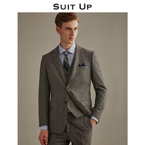 Spring wool suit slim gray top single West fishbone pattern business casual suit jacket men British retro