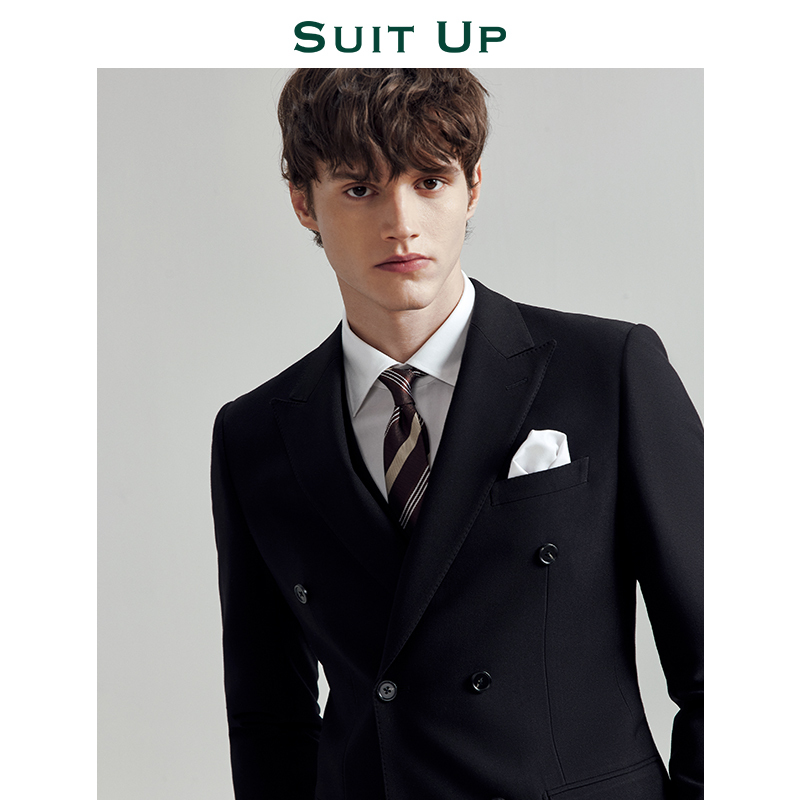 【High Elasticity】High-End Men's Suit Black Groom Wedding Dress Slim Double-Breasted Blazer