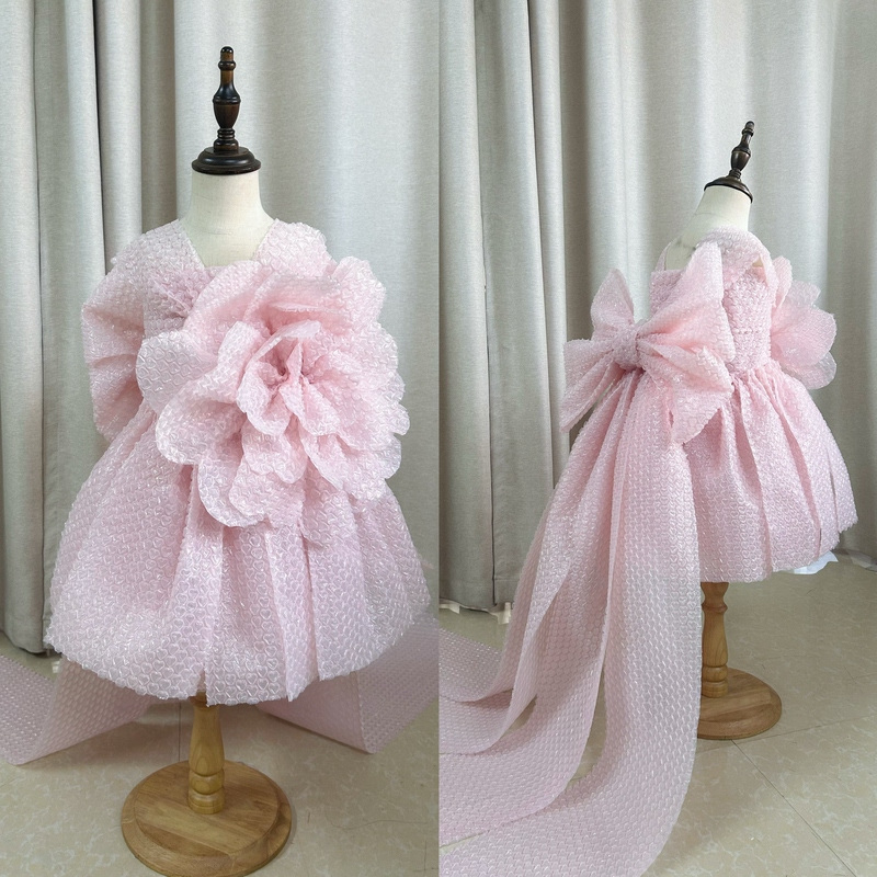Original Design Three-Dimensional Flower Children's Eco-Friendly Dress Pink Bubble Film Princess Dress Catwalk Performance Costume
