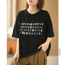 Xiao said the letter printed full cotton round collar 50% T-shirt woman loose big code short sleeve blouse 2022 summer dress new