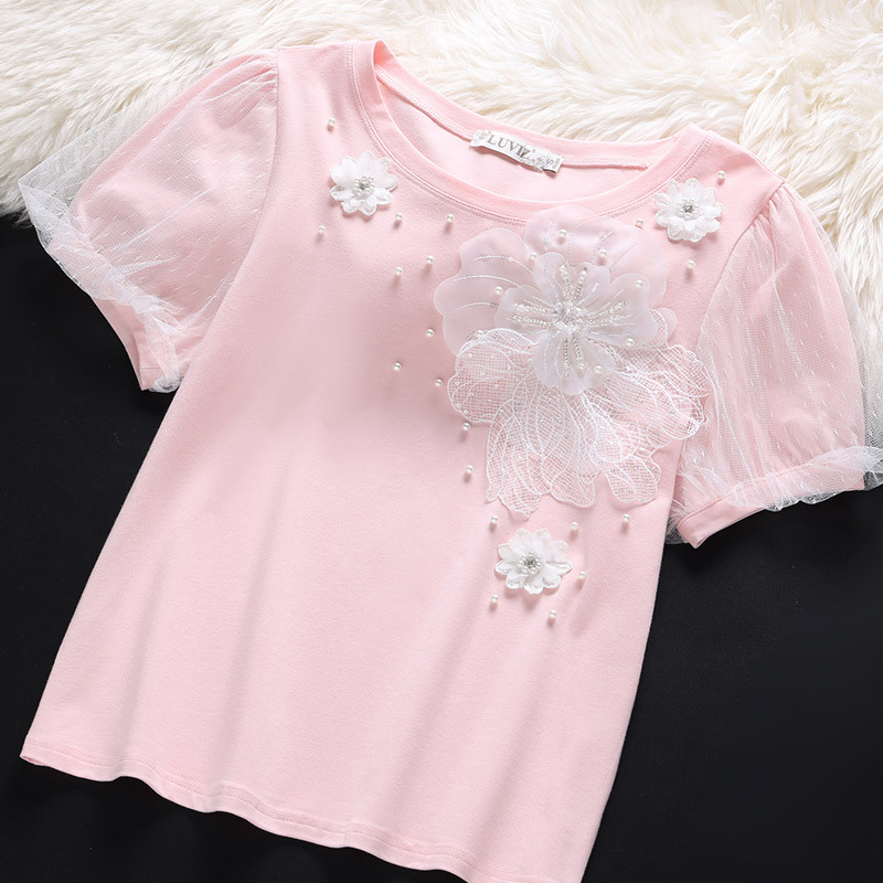 Elegant Beaded Lace Floral Top, New Summer Style, Sweet and Beautiful Puff Sleeve T-Shirt for Women, Pink T-Shirt