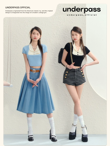 Подземный дизайн оригинальный дизайн подделка два куска полумесяца -краю контрастные сшивающие волосы вязаная T -Fyrt Jacket Короткая верхняя девушка