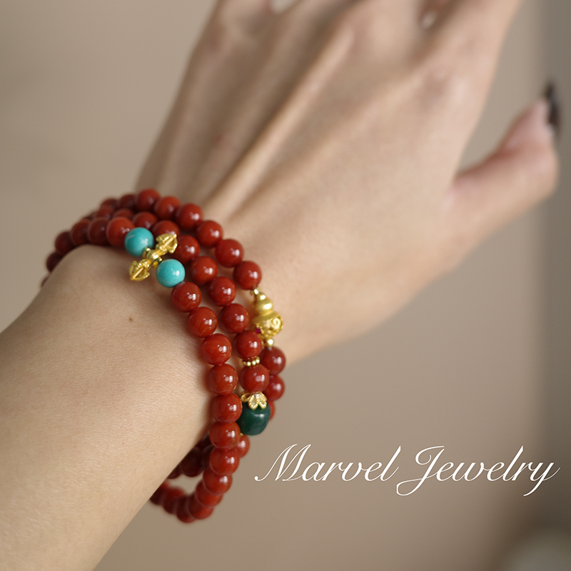 Natural Southern Red Agate Bracelet with Three Circles, Fortune and Prosperity Jade Beads, Birth Year Necklace, Bracelet, New Year Gift for Women