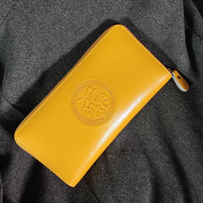 2026 New Genuine Leather Yellow Fortune-Attracting Clutch Wallet for Men, Long Style 5796, Wealth and Prosperity Wallet with the Character for Fortune