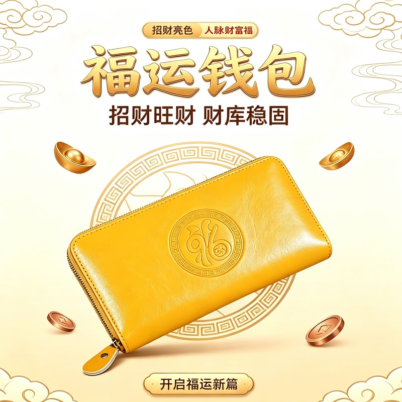 2026 New Genuine Leather Yellow Fortune-Attracting Clutch Wallet for Men, Long Style 5796, Wealth and Prosperity Wallet with the Character for Fortune