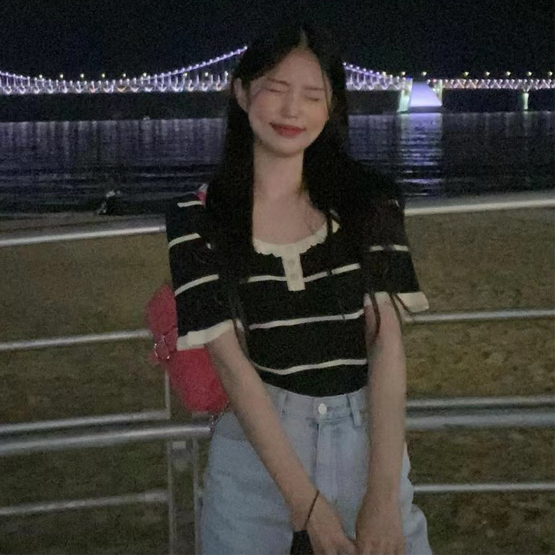 Korean MARGARINFINGERS hollow love short-sleeved knitted sweater women's summer round neck knitted top thin section