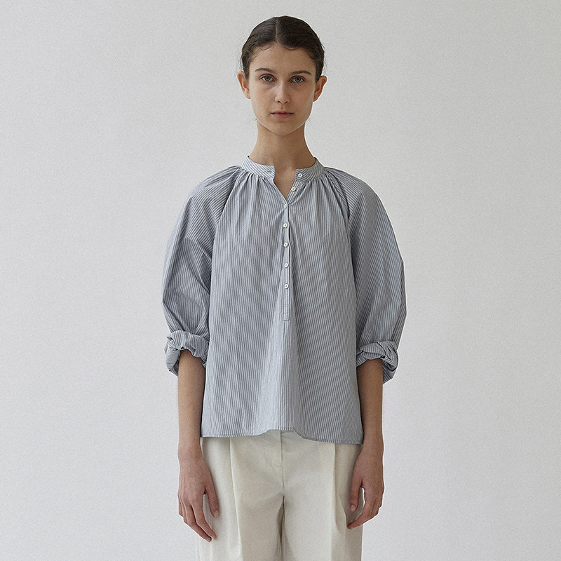 South Korea NOTHINGWRITTEN round neck striped shirt women's high-end cotton casual shirt design sense niche