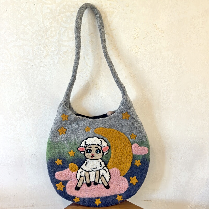 Nepalese Handmade Wool Felt Bag Cartoon Sheep Moon Stars Sheep Shoulder Bag Cute Artistic Crossbody Bag Nepalese Handmade Wool Felt Bag Cartoon Sheep Moon Stars Sheep Shoulder Bag Cute Artistic Crossbody Bag