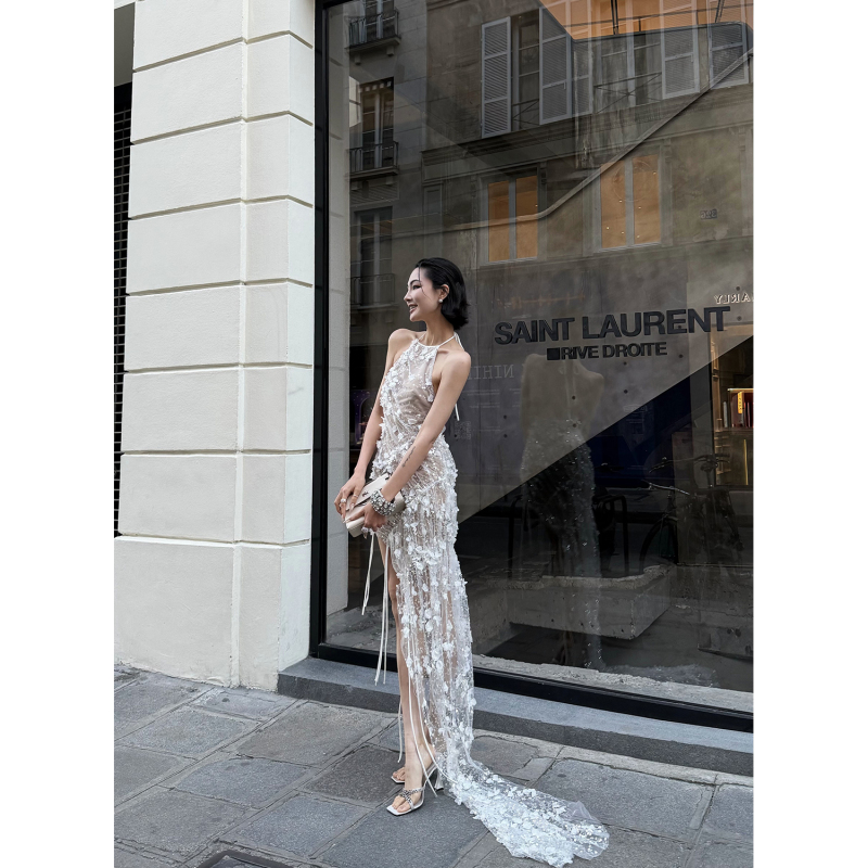 Zhaosanguan Beige Halter Neck Sleeveless Backless Sequin Dress for Women Summer 2026 New Design Dress