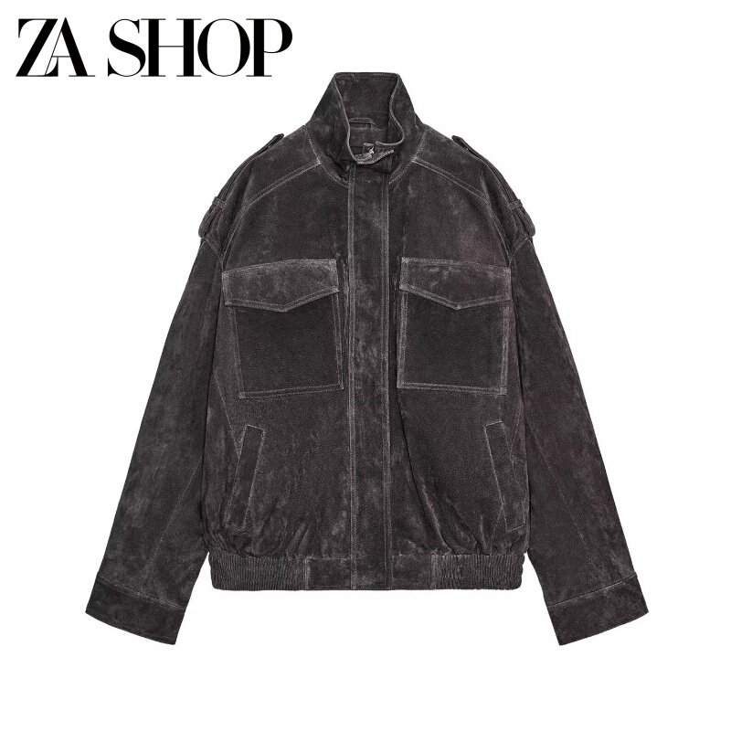 2025 Autumn New Women's Clothing Simple Long Sleeve Stand Collar Casual Suede Texture Leather Jacket 4341770