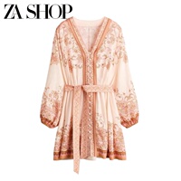 2026 new summer women's V-neck lantern long-sleeved dress lace-up loose seaside dress 1321000