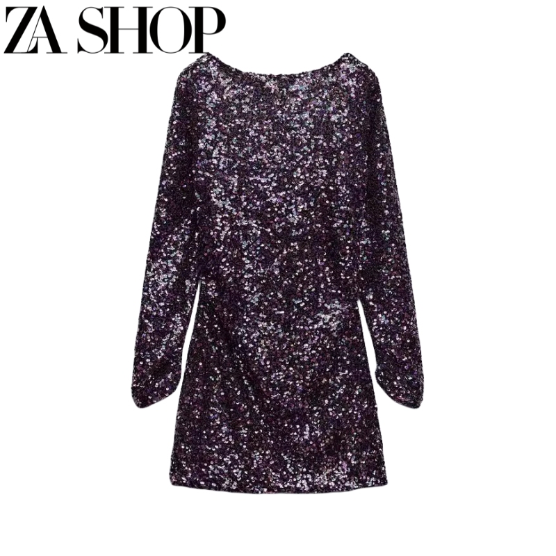 Winter New Style Women's Backless Design Long-Sleeved Round Neck Dress Short Skirt Sequined Mini Dress 8741273