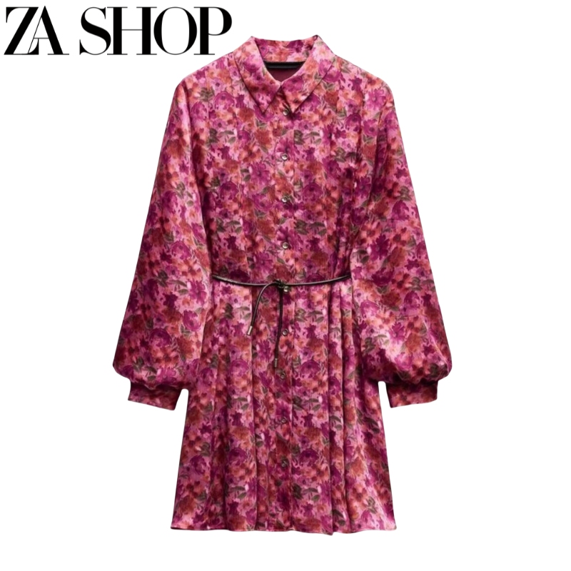 New Autumn and Winter Women's Clothing Lapel Long-Sleeved Floral Print Short Skirt Shirt-Style Mini Dress 5029174