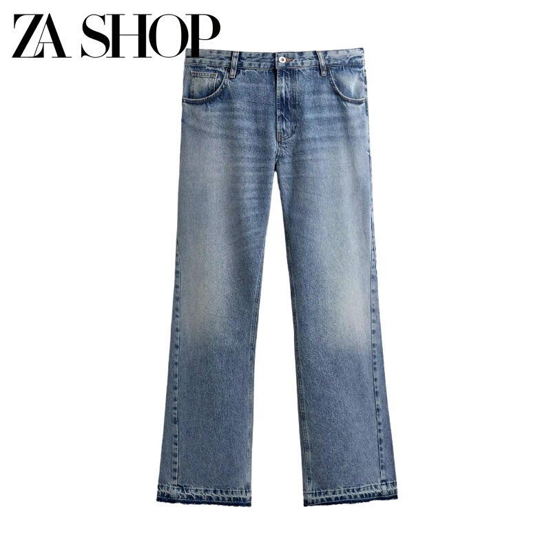2025 Autumn New Men's Flared Mid-Waist Slim Fit Long Pants Washed Pocket Decorated Jeans 0840353