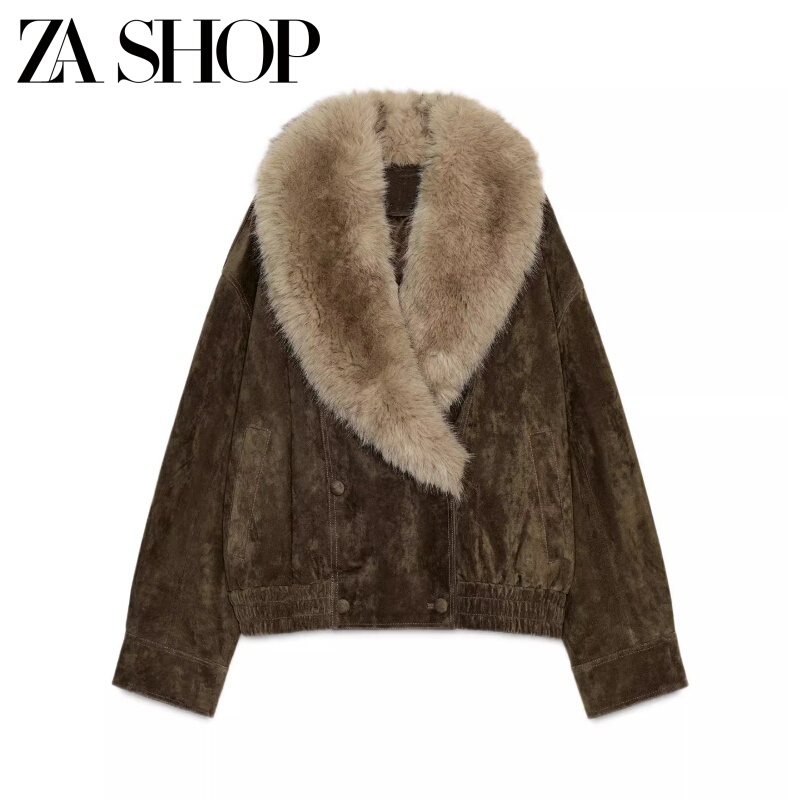 2025 Winter New Women's Faux Fur Effect Collar Suede Texture Leather Jacket 5761783
