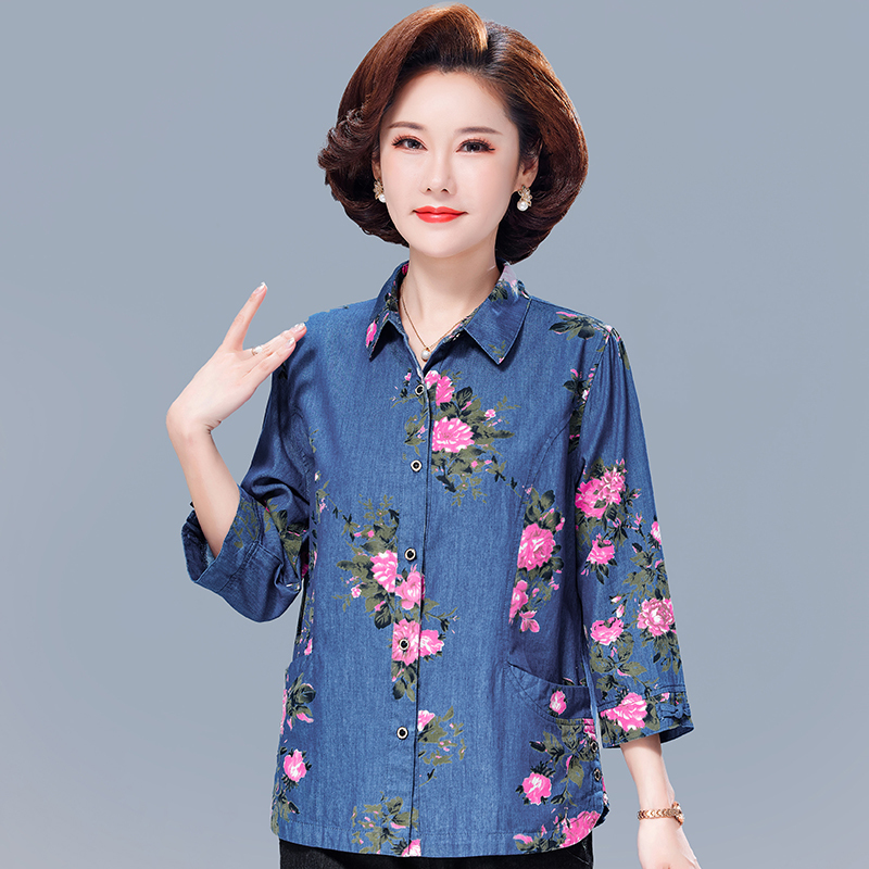Middle-Aged and Elderly Women's Pure Cotton Shirts, Denim Three-Quarter Sleeves, Large Size Clothes for the Elderly, Mother's Day, Mom's Summer Clothes, Grandma's Clothes
