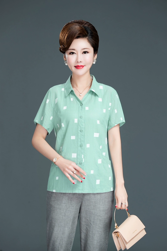 Áo sơ mi cotton mùa hè, áo sơ mi cỡ lớn nước ngoài, mới 40 tuổi, 50 phụ nữ trung niên, áo thời trang hè - Quần áo của mẹ
