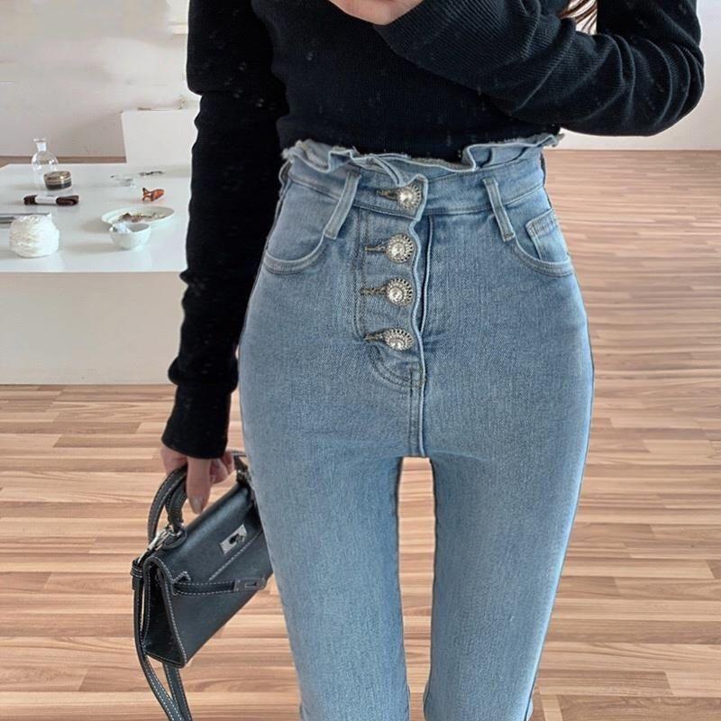 Peach Butt Buttoned Floral Denim Skinny Pants for Women, New Spring and Autumn Elastic Slim Pencil Pants, Nine-Point Pants for Outerwear