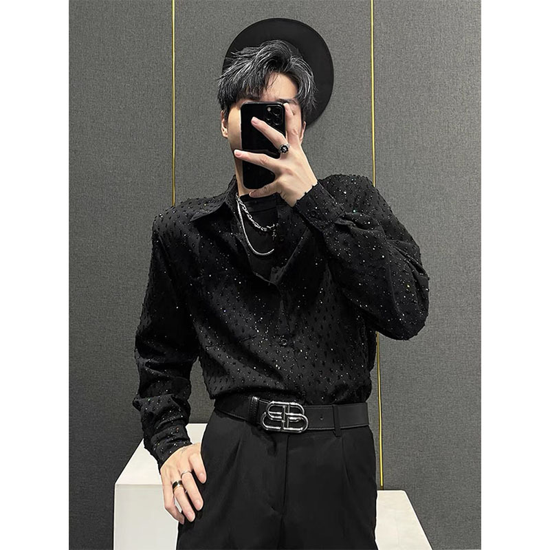 Designer Sequin Star-Studded Long-Sleeve Shirt for Men, Trendy Brand, High-End, Cool Hairstylist Outfit Shirt Jacket Designer Sequin Star-Studded Long-Sleeve Shirt for Men, Trendy Brand, High-End, Cool Hairstylist Outfit Shirt Jacket