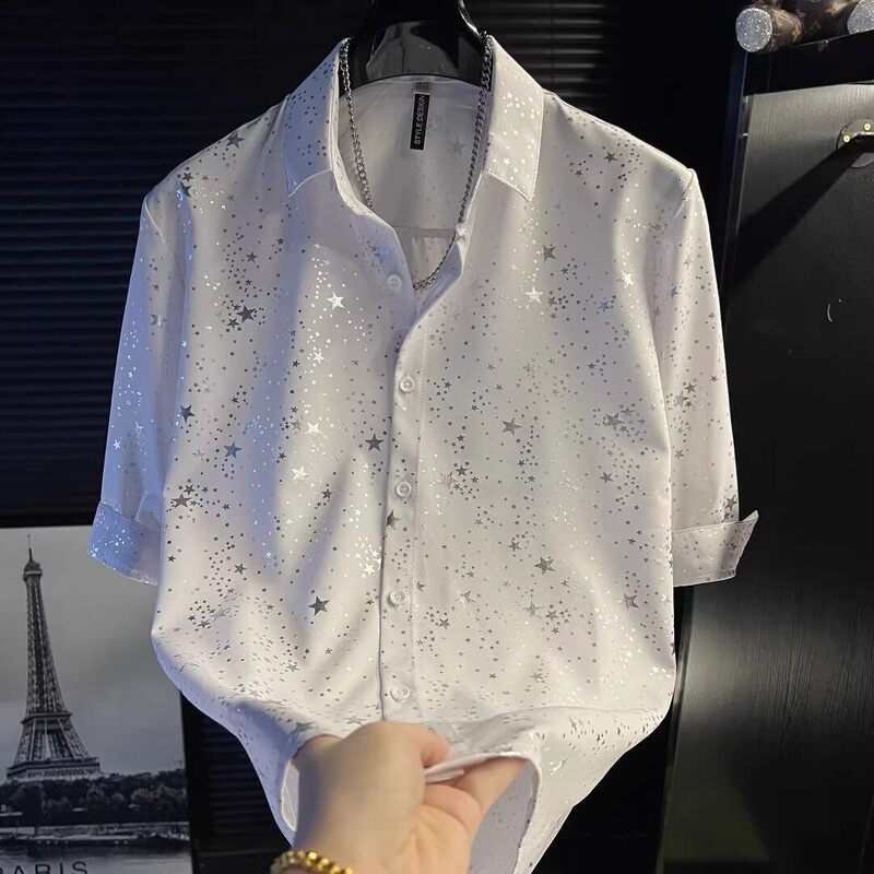 2026 Summer Starry Sequin Short Sleeve Shirt for Men, Ice Silk Korean Style, High-End Cool and Mature Look, Mid-Sleeve Shirt 2026 Summer Starry Sequin Short Sleeve Shirt for Men, Ice Silk Korean Style, High-End Cool and Mature Look, Mid-Sleeve Shirt