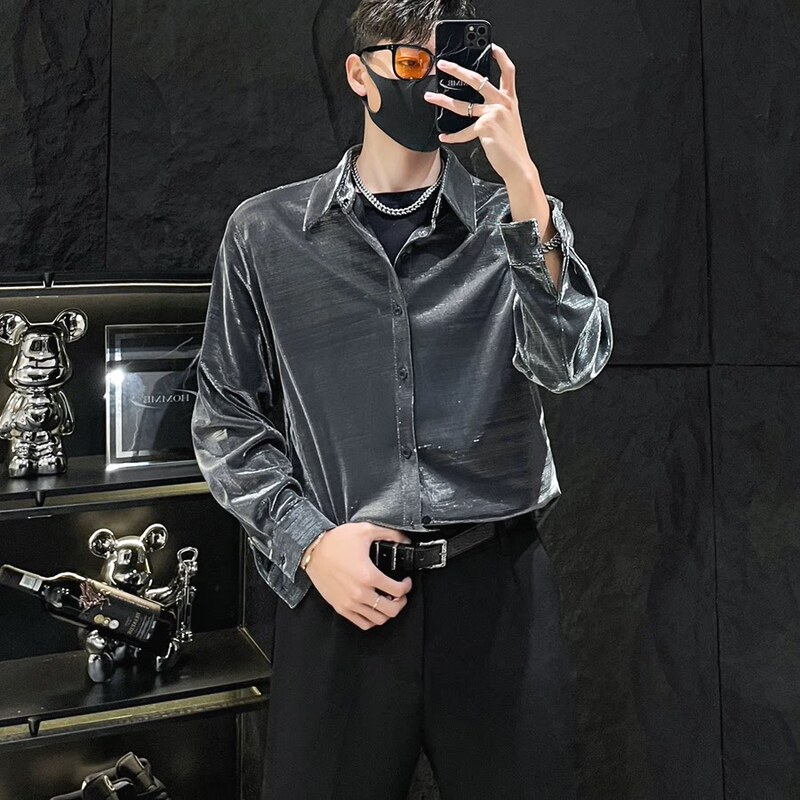 Nightclub Reflective Shiny Shirt for Men, Colorful Color-Changing Long-Sleeve Futuristic Liquid Gradient Shirt with Shiny Gold Threads