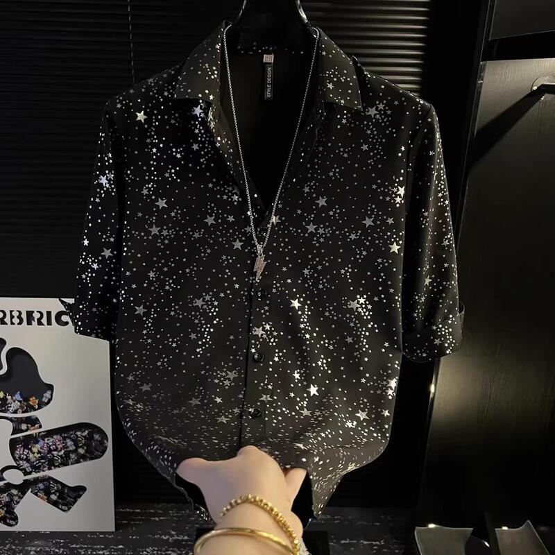 Korean-Style Niche Design Sequin Star Ice Silk Shirt for Men, Slim Fit, Mature Casual Style, Reflective Nightclub Top, Trendy