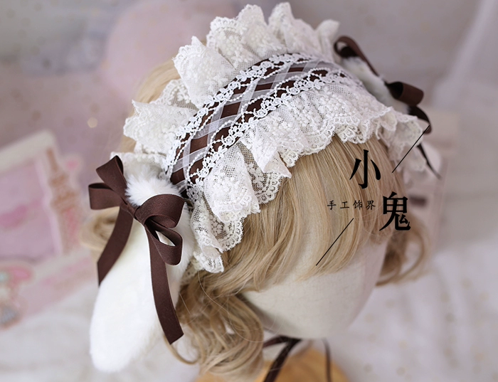 Cosplay&ware Handmade Plush Lop Ear Detachable Hair Band Soft Girl Kawaii Bunny Lolita Lace Bowknot Headwear Kc Accessories -Zentai shop online