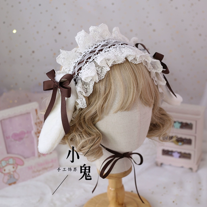 Cosplay&ware Handmade Plush Lop Ear Detachable Hair Band Soft Girl Kawaii Bunny Lolita Lace Bowknot Headwear Kc Accessories -Zentai shop online