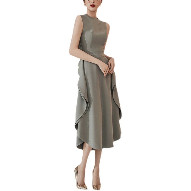 European and American fashion gray-green ladies high-end temperament dress with ruffles and chic design sense 2021 new summer trend