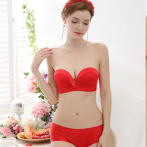 Red underwear set Wedding Bride pregnant women strapless bra invisible wedding dress gathering non-slip small chest stickers thick