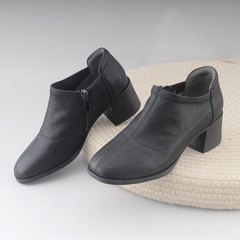 Sheepskin Chunky Heel Deep-Cut Single Shoes for Women 2025 Spring and Autumn Versatile Mid-Heel High-Heeled Shoes Zip-Up Ankle Boots Square-Toe Leather Shoes
