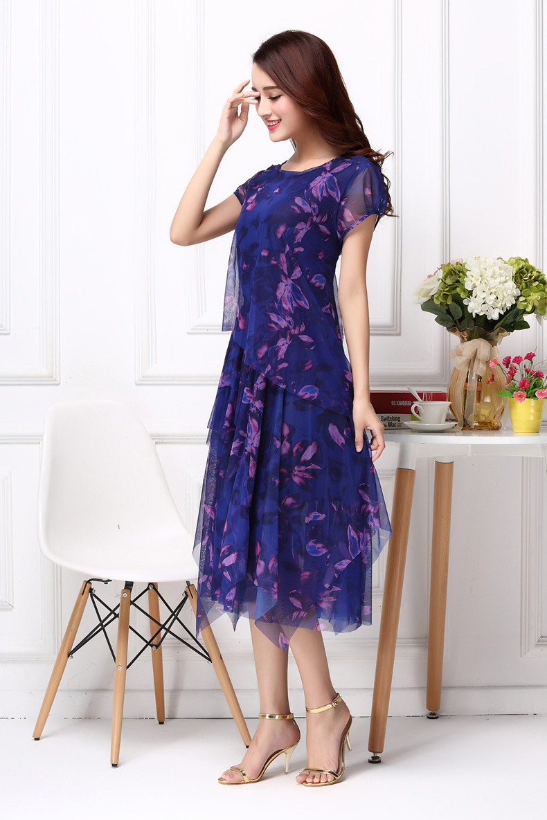 Đầm in họa tiết dài mẹ nữ đầu gối xếp li là phiên bản mỏng của Hàn Quốc mùa hè không đều 40-50-60 tuổi - Váy eo cao 	váy xếp ly eo