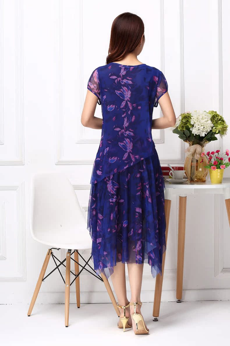 Đầm in họa tiết dài mẹ nữ đầu gối xếp li là phiên bản mỏng của Hàn Quốc mùa hè không đều 40-50-60 tuổi - Váy eo cao 	váy xếp ly eo