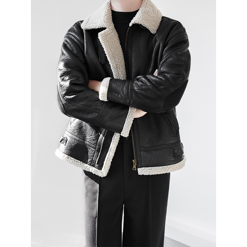 Men's Winter Lamb Wool Jacket, Trendy Fleece-Lined Thickened Leather and Fur Integrated Leather Coat, Loose-Fitting Cotton-Padded Jacket for Men