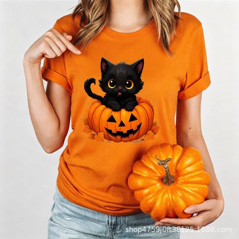 Halloween Cute Little Black Cat Pumpkin Lantern Print T-Shirt Halloween Women's Milk Silk Top Short Sleeve