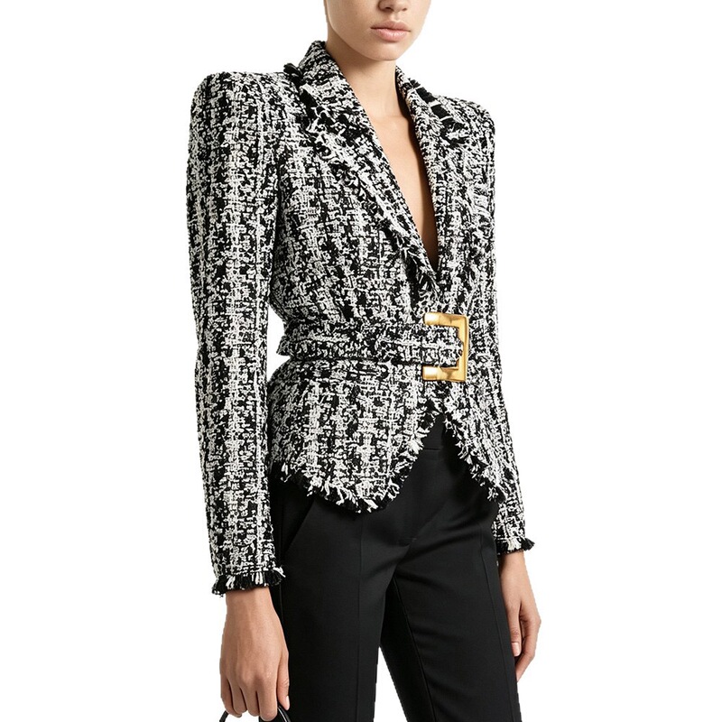 Effie Balmain 2026 Autumn/Winter New European and American Fashion Slim Fit Belted Frayed Tweed Jacket