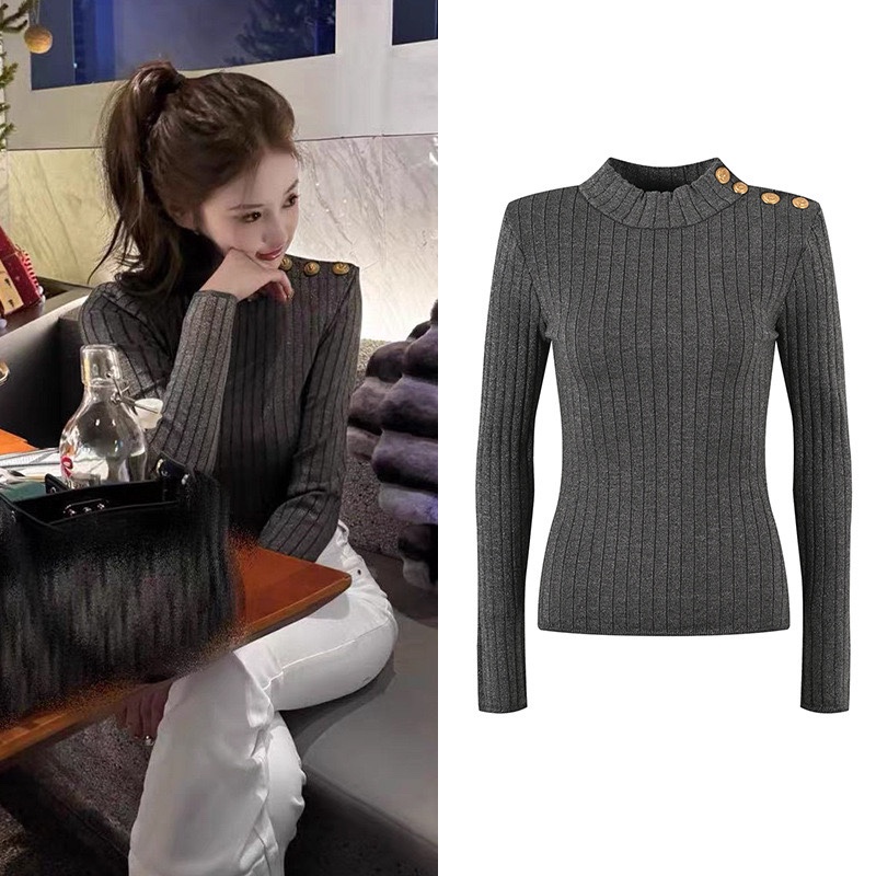 Balmanjina 2025 Early Spring New Style Buttoned Slim Fit Inner Layering Shirt Long-Sleeved Knit Pullover Sweater