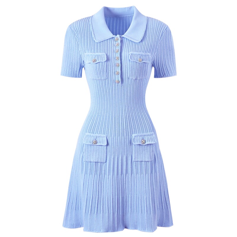 Sp Pure Original Balman Gina 2026 New Style Chanel-Inspired Polo Collar Short Sleeve Pearl Button Short Knit Dress
