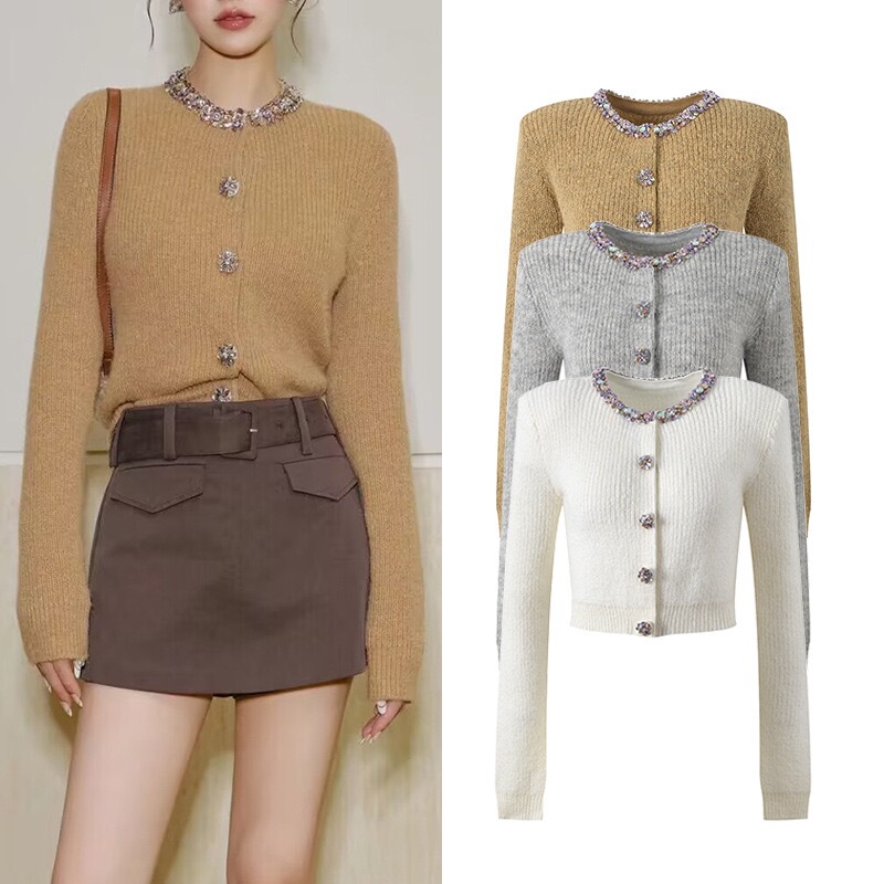 Balmanjina 2025 New Style Chanel-Inspired Elegant Gemstone-Embellished Knitted Cardigan Sweater Jacket with Jeans