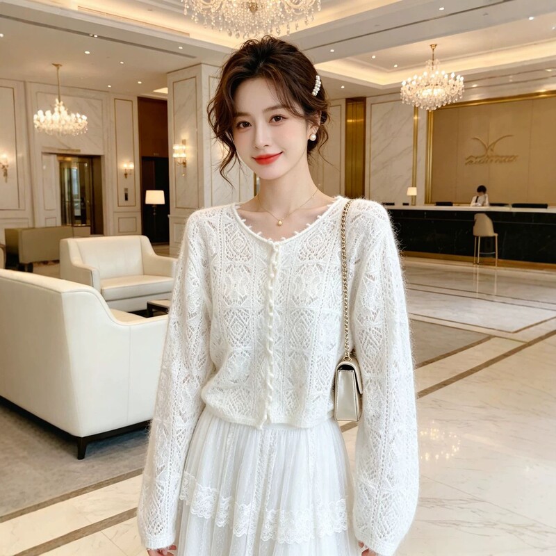 French-Style Hollow-Out Crochet Knit Cardigan for Women, White Thin Round-Neck Loose Short Sweater Coat with a Gentle Style